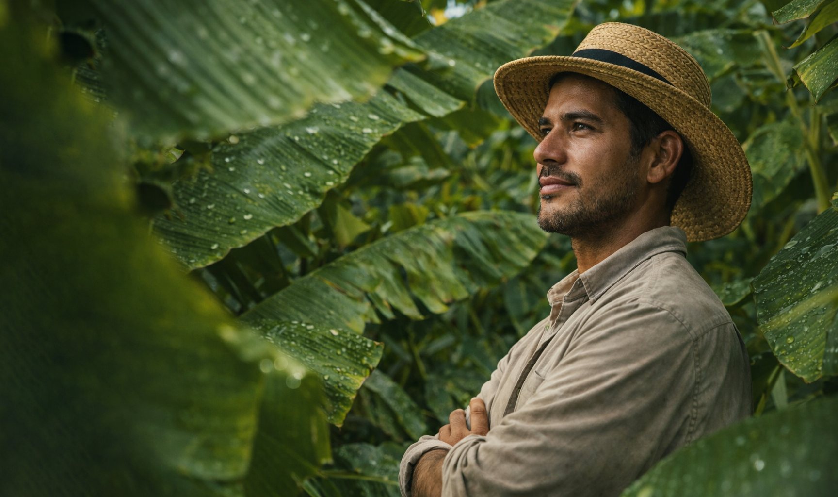Productor de Marplantis entre las hojas de una plantación de banano en plena producción