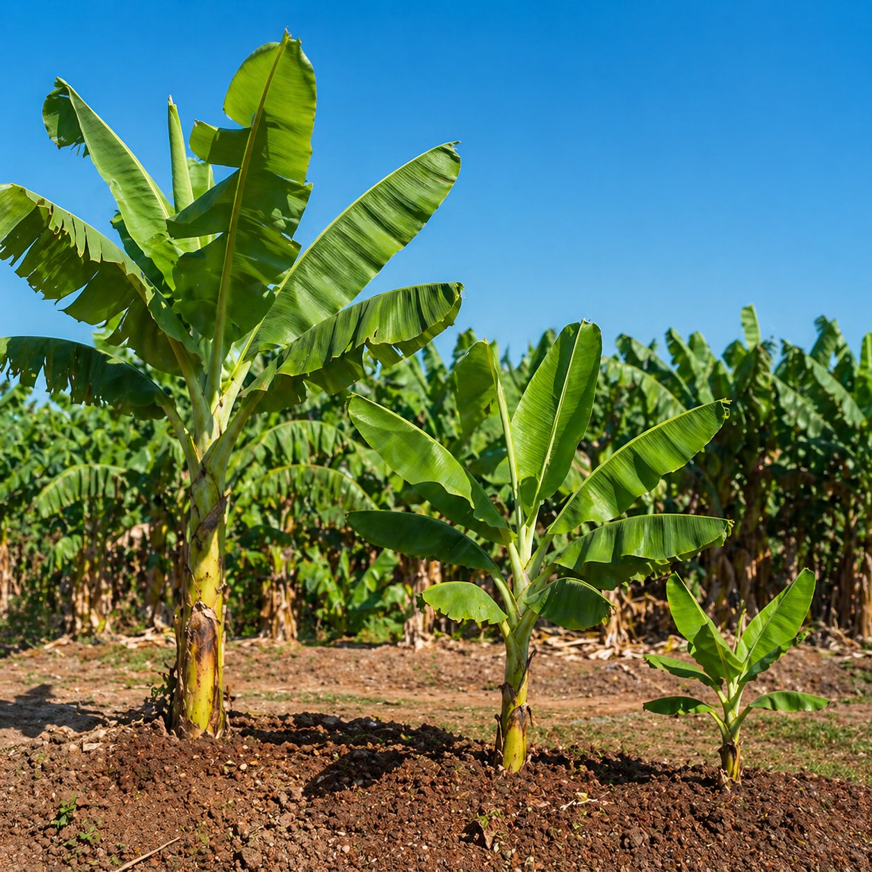 Plantas de banano jóvenes en hilera, con el suelo trabajado y el cielo despejado